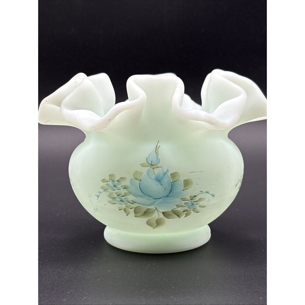 Vintage Fenton Rose Bowl Vase Ruffled Edge Hand Painted Flowers Signed